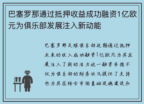 巴塞罗那通过抵押收益成功融资1亿欧元为俱乐部发展注入新动能
