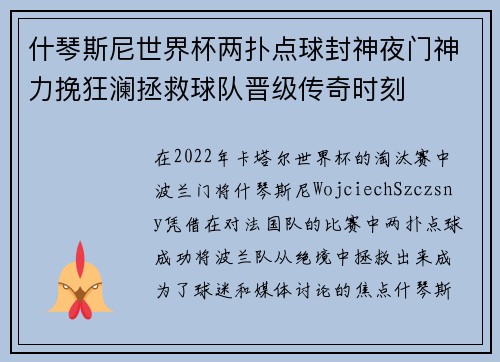 什琴斯尼世界杯两扑点球封神夜门神力挽狂澜拯救球队晋级传奇时刻